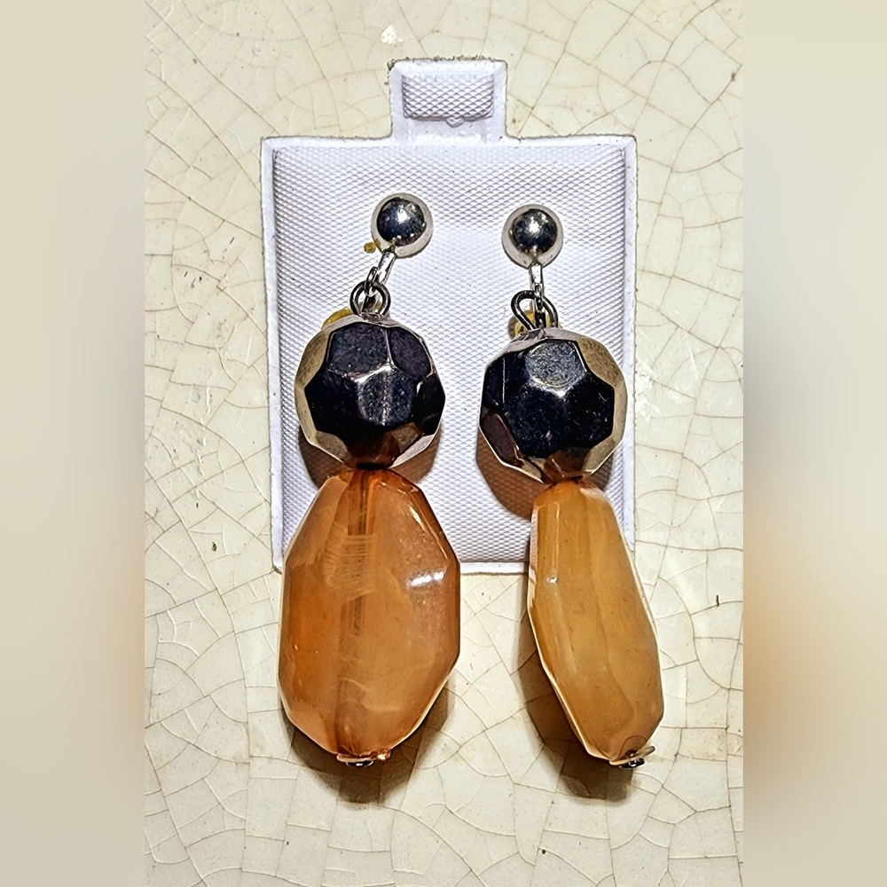 VintageDark metal bead and natural colored faceted plastic bead Clip on earrings